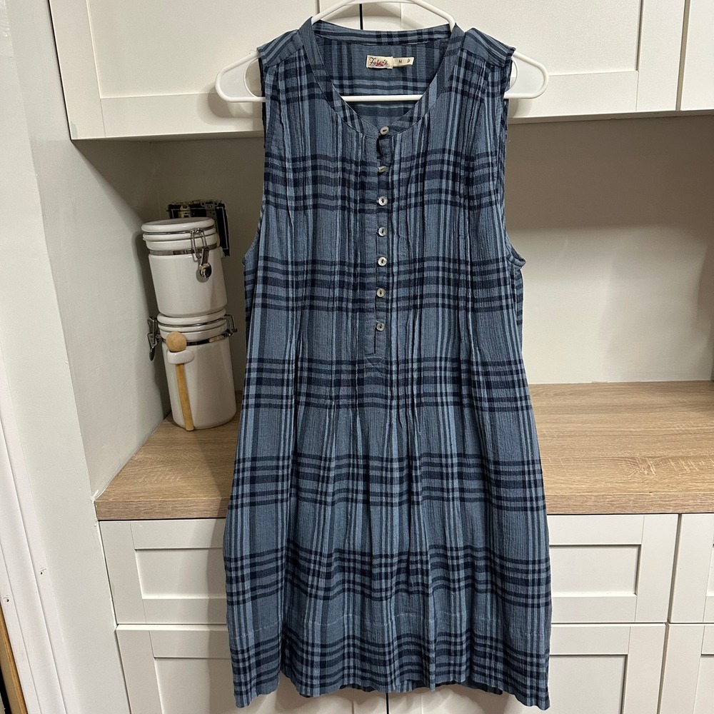 Faherty Isha Dress Womens M Blue Pintuck Buttons Plaid Organic Cotton Sleeveless